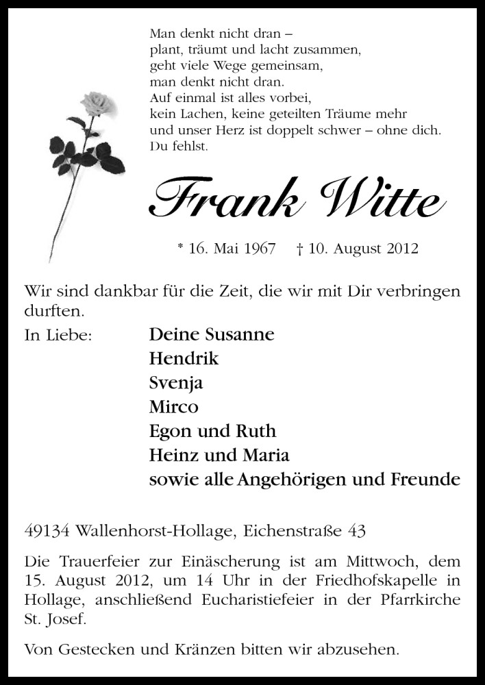  Traueranzeige für Frank Witte vom 13.08.2012 aus Neue Osnabrücker Zeitung GmbH & Co. KG