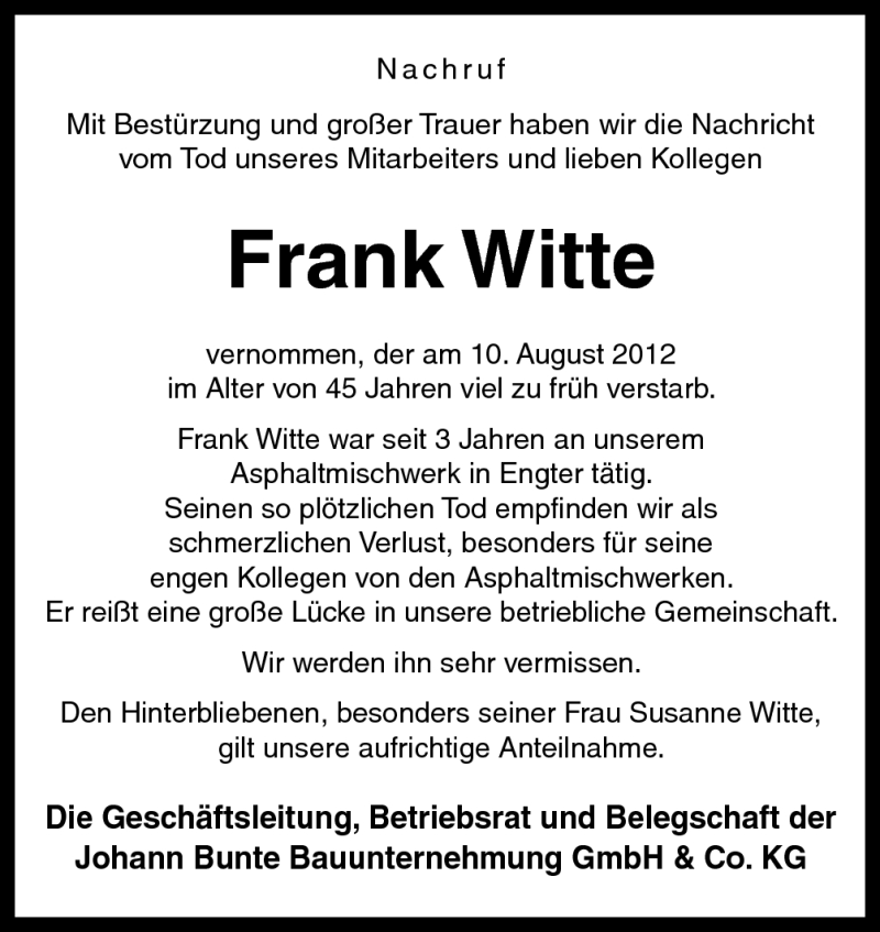  Traueranzeige für Frank Witte vom 14.08.2012 aus Neue Osnabrücker Zeitung GmbH & Co. KG