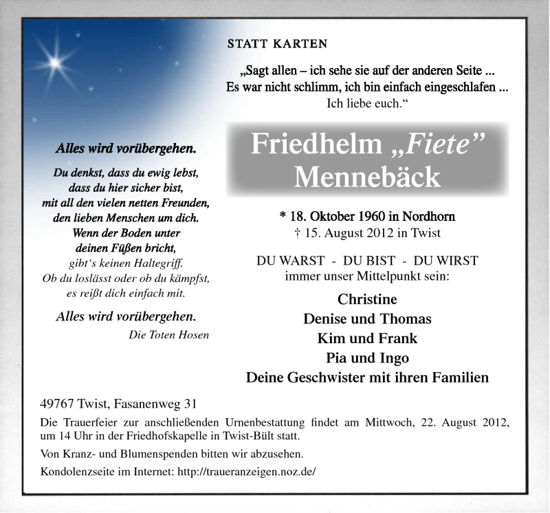  Traueranzeige für Friedhelm Mennebäck vom 18.08.2012 aus Neue Osnabrücker Zeitung GmbH & Co. KG