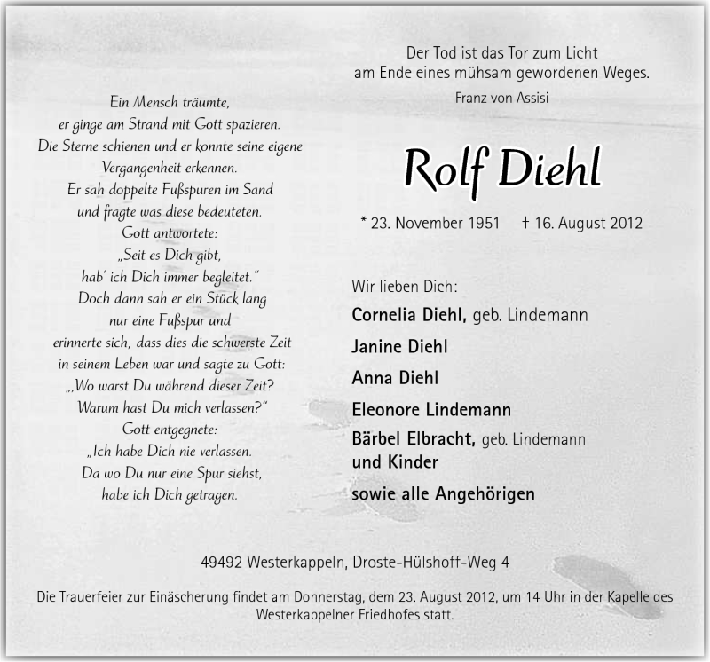  Traueranzeige für Rolf Diehl vom 18.08.2012 aus Neue Osnabrücker Zeitung GmbH & Co. KG