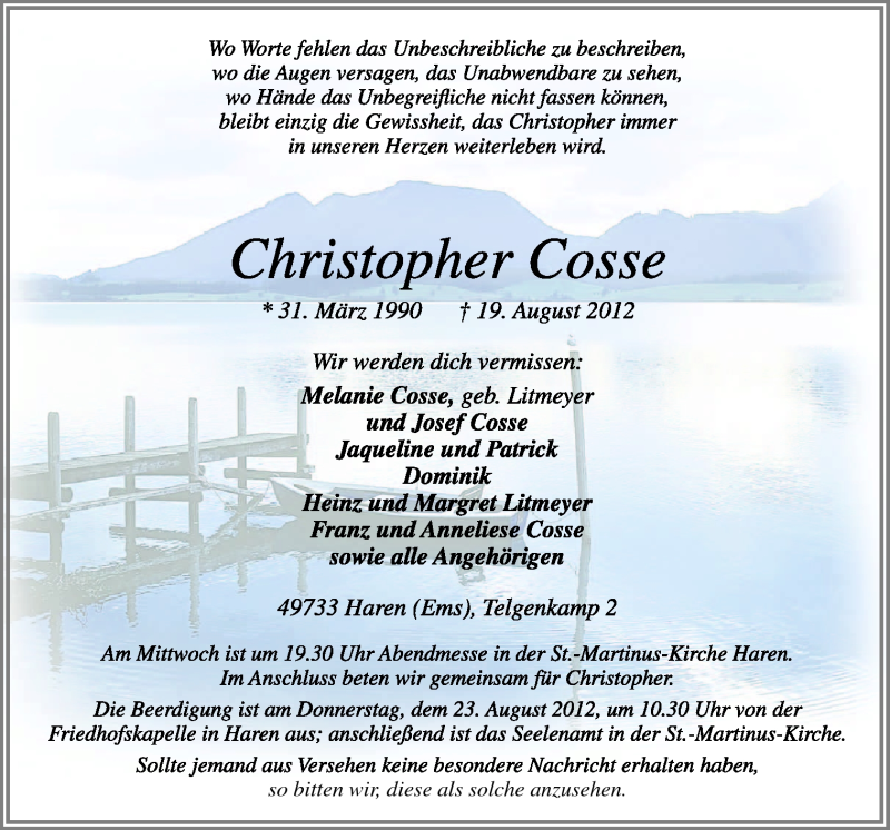  Traueranzeige für Christopher Cosse vom 21.08.2012 aus Neue Osnabrücker Zeitung GmbH & Co. KG