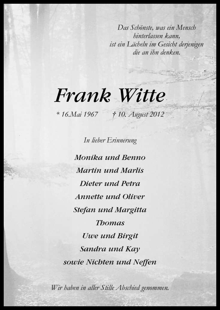  Traueranzeige für Frank Witte vom 25.08.2012 aus Neue Osnabrücker Zeitung GmbH & Co. KG