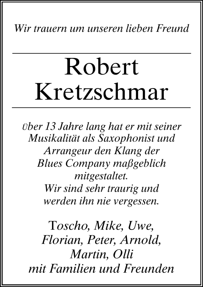  Traueranzeige für Robert Kretzschmar vom 25.08.2012 aus Neue Osnabrücker Zeitung GmbH & Co. KG