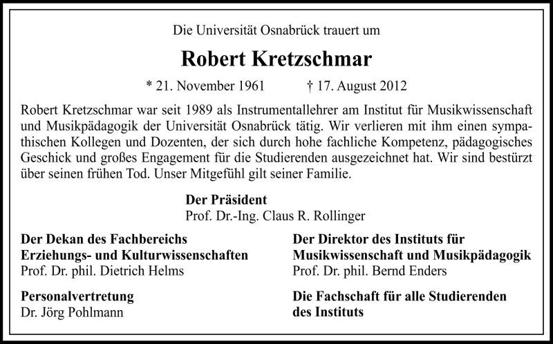  Traueranzeige für Robert Kretzschmar vom 28.08.2012 aus Neue Osnabrücker Zeitung GmbH & Co. KG