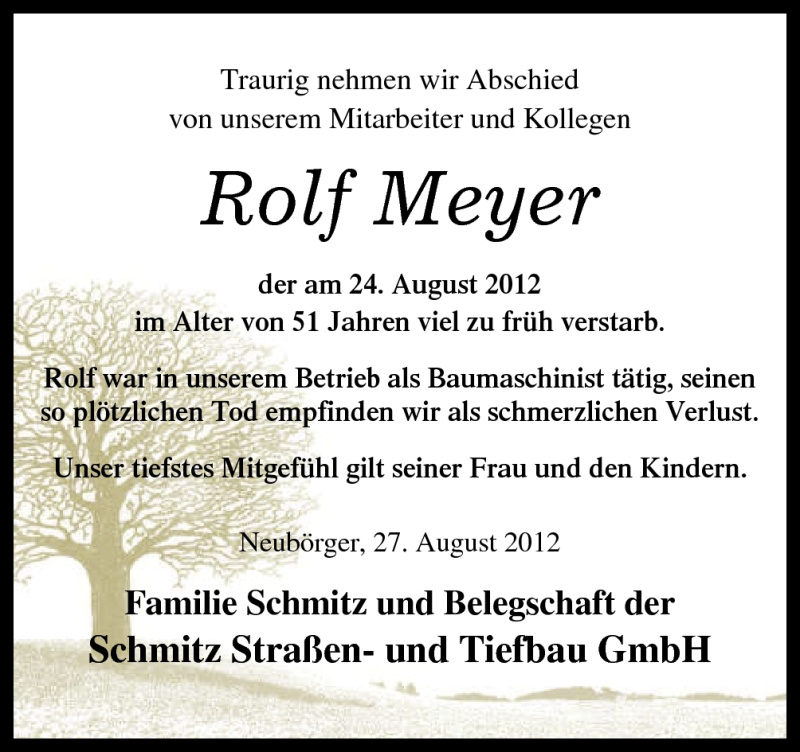  Traueranzeige für Rolf Meyer vom 28.08.2012 aus Neue Osnabrücker Zeitung GmbH & Co. KG