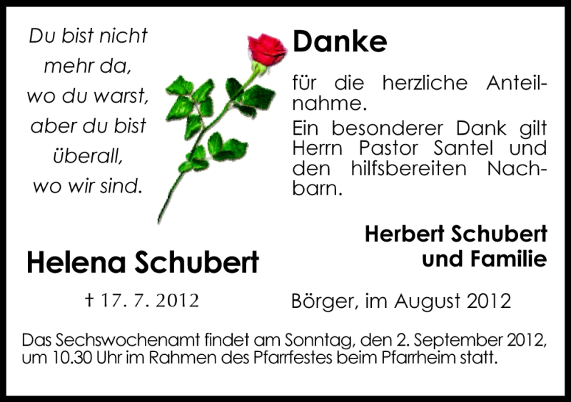  Traueranzeige für Helena Schubert vom 29.08.2012 aus Neue Osnabrücker Zeitung GmbH & Co. KG
