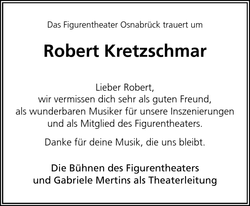  Traueranzeige für Robert Kretzschmar vom 30.08.2012 aus Neue Osnabrücker Zeitung GmbH & Co. KG