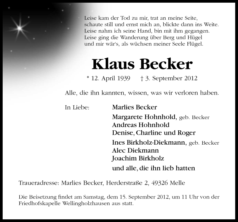 Traueranzeigen Von Klaus Becker Noz Trauerportal