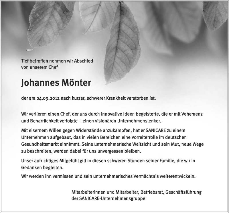  Traueranzeige für Johannes Mönter vom 06.09.2012 aus Neue Osnabrücker Zeitung GmbH & Co. KG