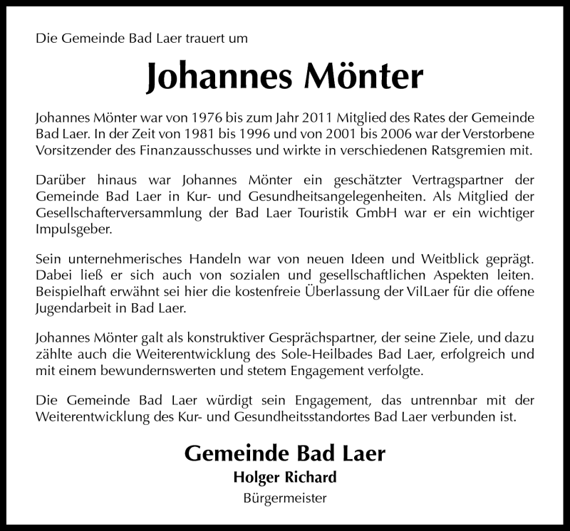  Traueranzeige für Johannes Mönter vom 06.09.2012 aus Neue Osnabrücker Zeitung GmbH & Co. KG