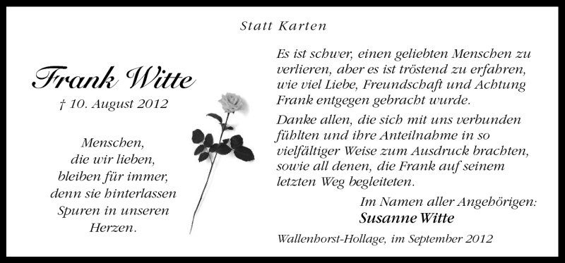  Traueranzeige für Frank Witte vom 15.09.2012 aus Neue Osnabrücker Zeitung GmbH & Co. KG