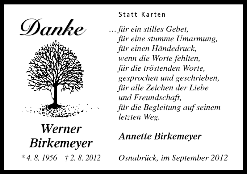 Traueranzeige für Werner Birkemeyer vom 15.09.2012 aus Neue Osnabrücker Zeitung GmbH & Co. KG