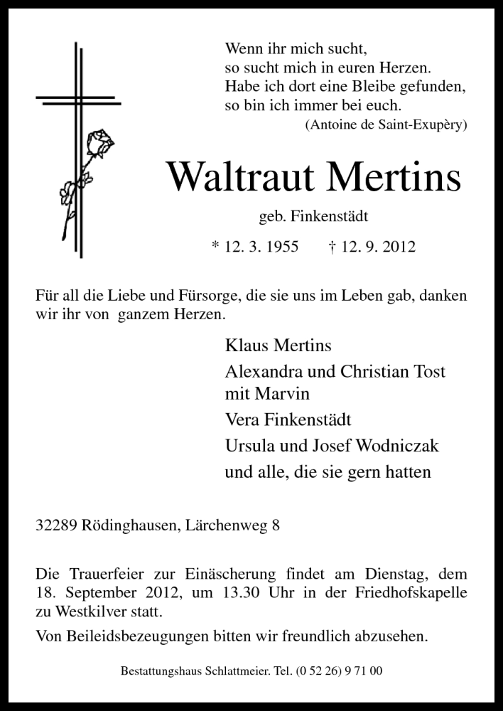  Traueranzeige für Waltraut Mertins vom 15.09.2012 aus Neue Osnabrücker Zeitung GmbH & Co. KG