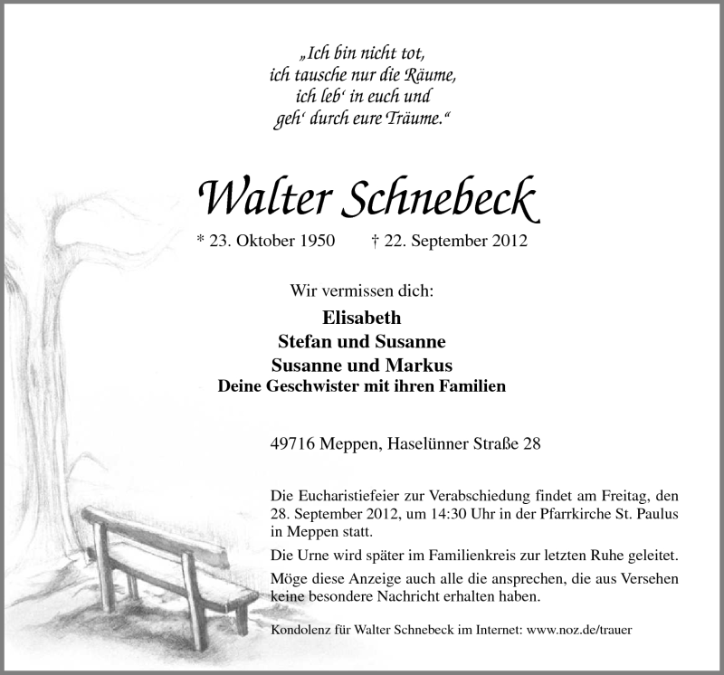  Traueranzeige für Walter Schnebeck vom 25.09.2012 aus Neue Osnabrücker Zeitung GmbH & Co. KG