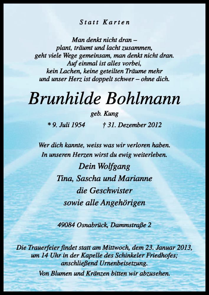  Traueranzeige für Brunhilde Bohlmann vom 05.01.2013 aus Neue Osnabrücker Zeitung GmbH & Co. KG