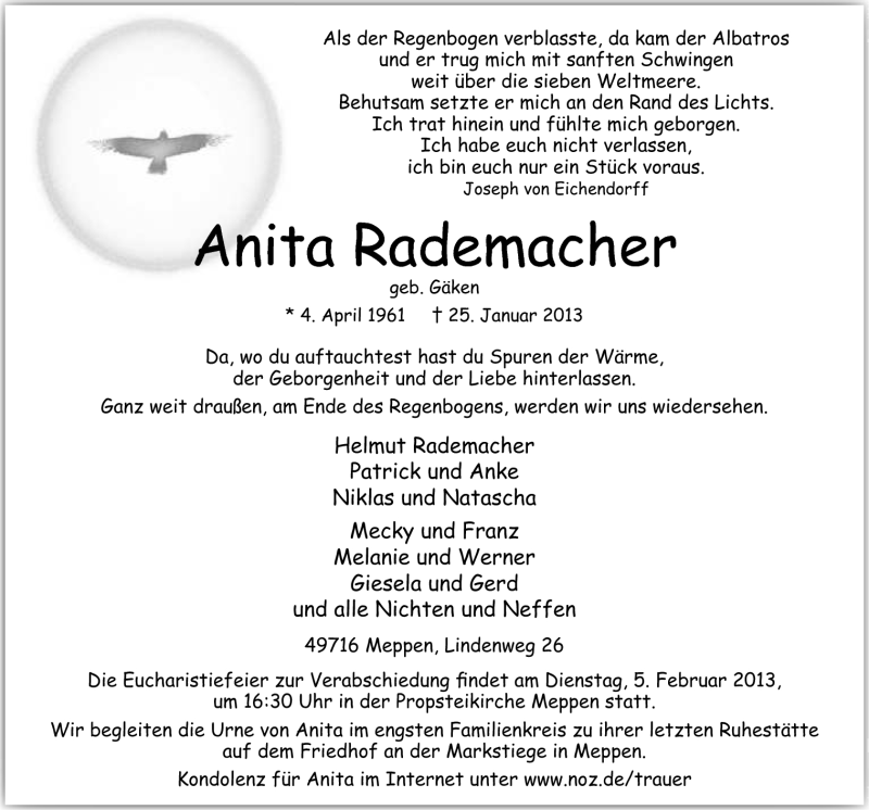  Traueranzeige für Anita Rademacher vom 31.01.2013 aus Neue Osnabrücker Zeitung GmbH & Co. KG
