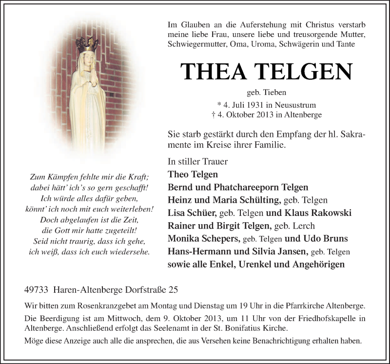  Traueranzeige für Thea Telgen vom 07.10.2013 aus Neue Osnabrücker Zeitung GmbH & Co. KG
