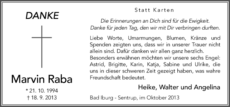  Traueranzeige für Marvin Raba vom 19.10.2013 aus Neue Osnabrücker Zeitung GmbH & Co. KG