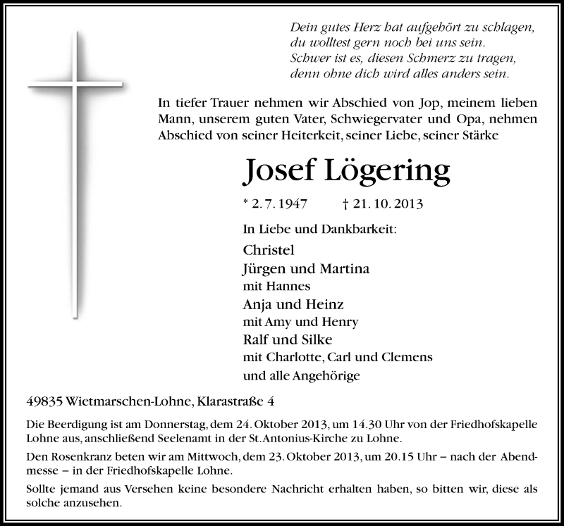  Traueranzeige für Josef Lögering vom 23.10.2013 aus Neue Osnabrücker Zeitung GmbH & Co. KG
