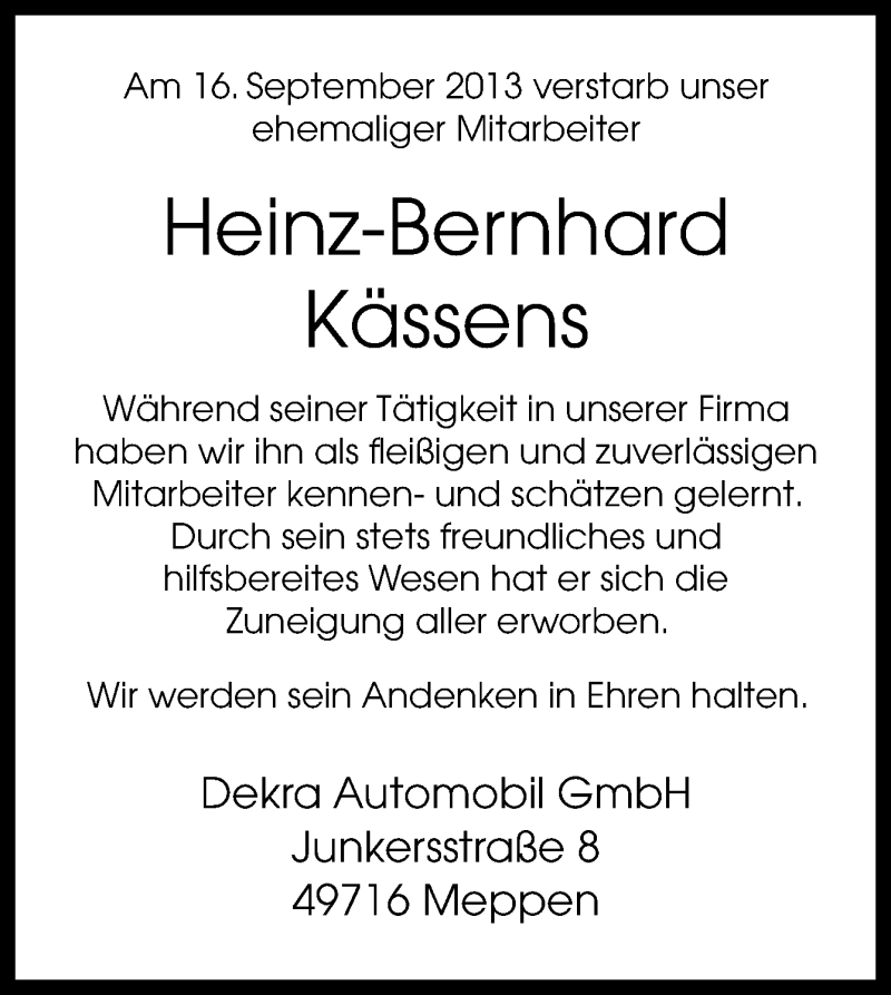  Traueranzeige für Heinz-Bernhard Kässens vom 24.10.2013 aus Neue Osnabrücker Zeitung GmbH & Co. KG