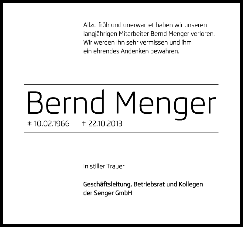  Traueranzeige für Bernd Menger vom 24.10.2013 aus Neue Osnabrücker Zeitung GmbH & Co. KG