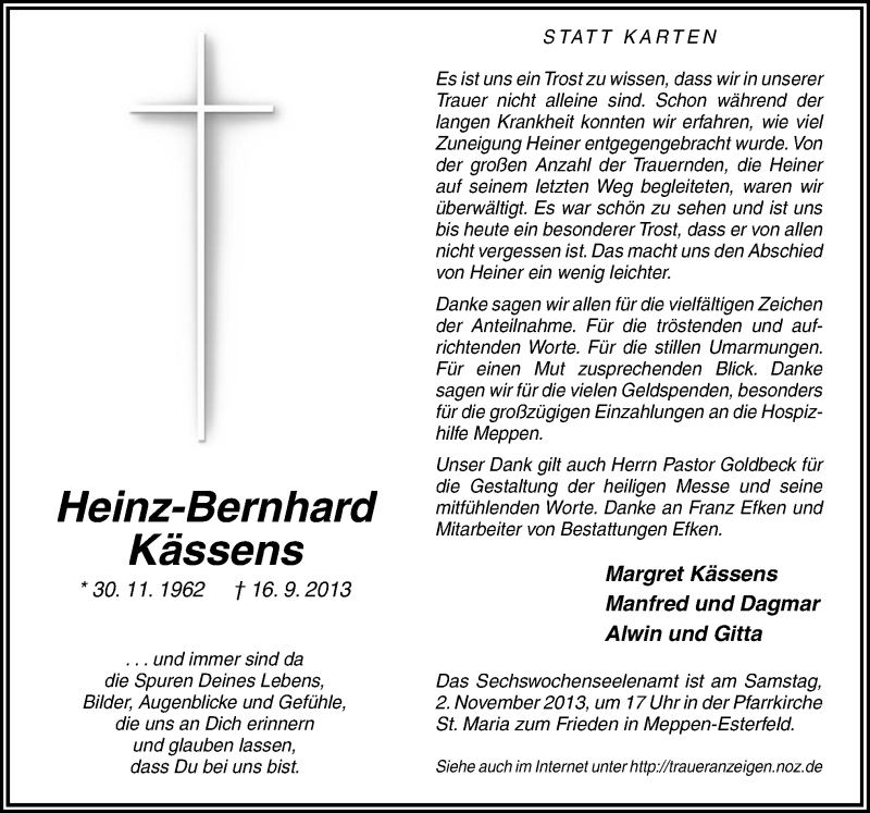  Traueranzeige für Heinz-Bernhard Kässens vom 30.10.2013 aus Neue Osnabrücker Zeitung GmbH & Co. KG