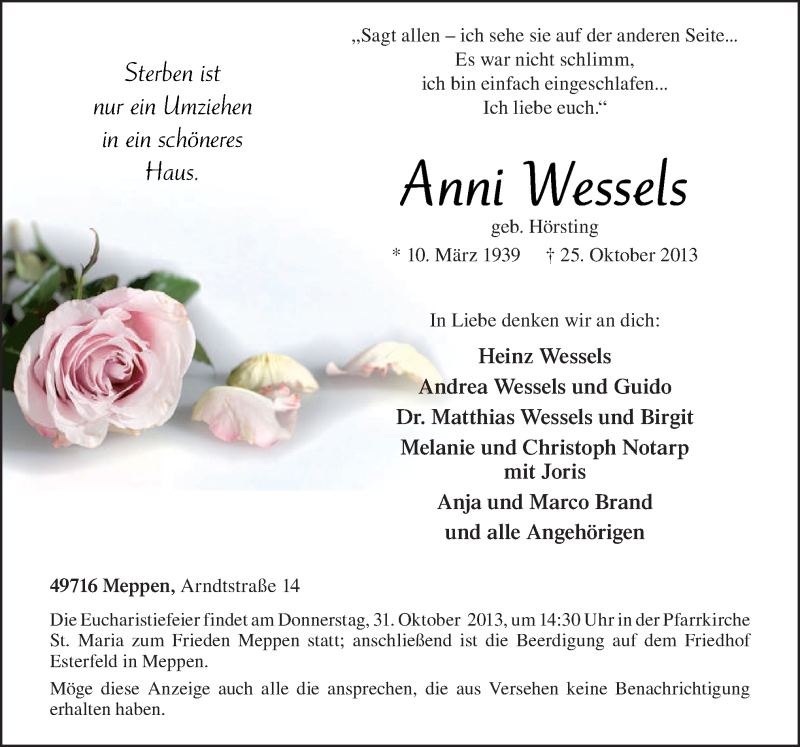  Traueranzeige für Anni Wessels vom 28.10.2013 aus Neue Osnabrücker Zeitung GmbH & Co. KG