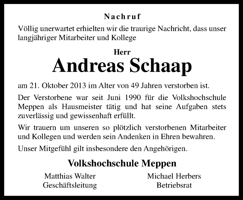  Traueranzeige für Andreas Schaap vom 29.10.2013 aus Neue Osnabrücker Zeitung GmbH & Co. KG