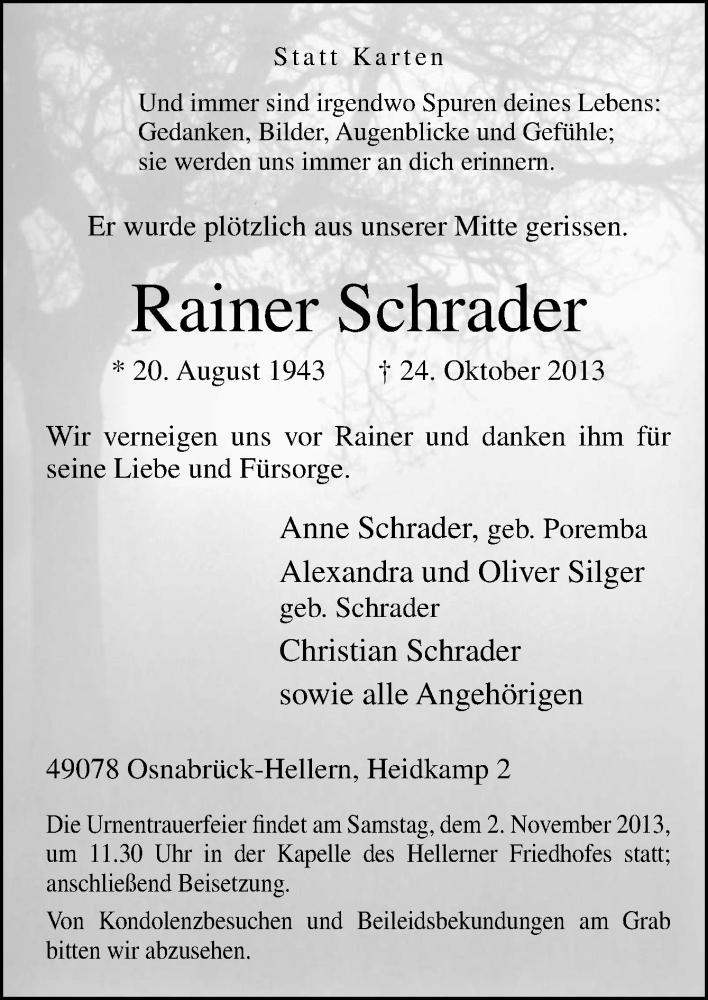  Traueranzeige für Rainer Schrader vom 30.10.2013 aus Neue Osnabrücker Zeitung GmbH & Co. KG