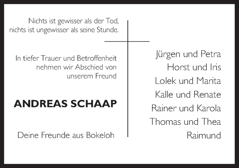  Traueranzeige für Andreas Schaap vom 02.11.2013 aus Neue Osnabrücker Zeitung GmbH & Co. KG