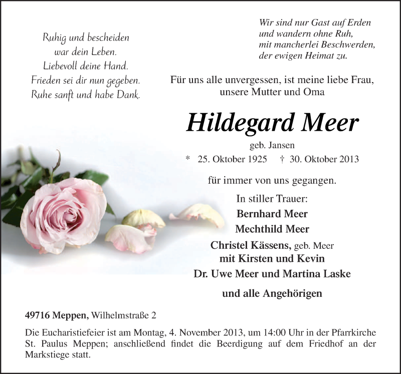  Traueranzeige für Hildegard Meer vom 01.11.2013 aus Neue Osnabrücker Zeitung GmbH & Co. KG
