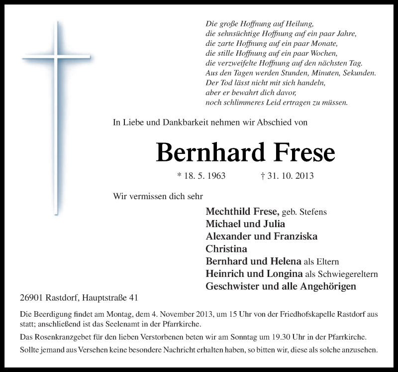  Traueranzeige für Bernhard Frese vom 02.11.2013 aus Neue Osnabrücker Zeitung GmbH & Co. KG