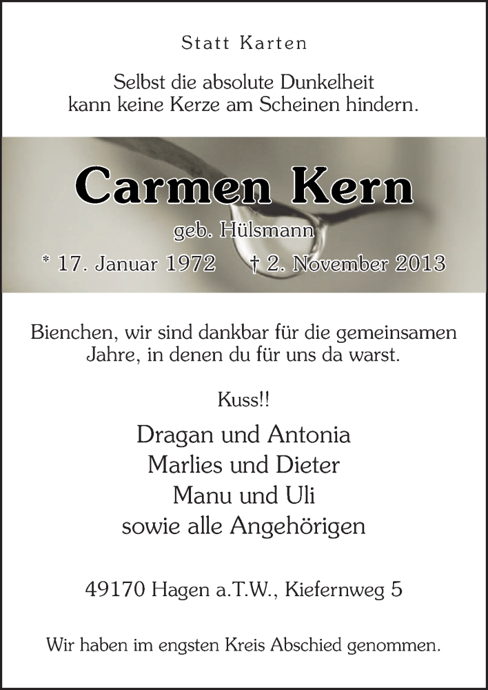  Traueranzeige für Carmen Kern vom 09.11.2013 aus Neue Osnabrücker Zeitung GmbH & Co. KG