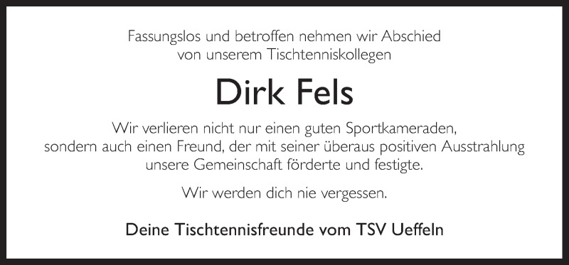  Traueranzeige für Dirk Fels vom 07.11.2013 aus Neue Osnabrücker Zeitung GmbH & Co. KG