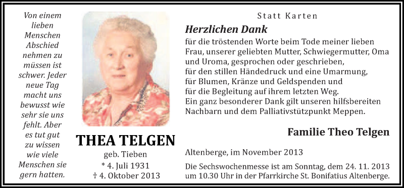  Traueranzeige für Thea Telgen vom 21.11.2013 aus Neue Osnabrücker Zeitung GmbH & Co. KG