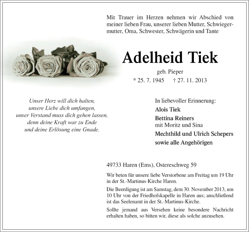  Traueranzeige für Adelheid Tiek vom 28.11.2013 aus Neue Osnabrücker Zeitung GmbH & Co. KG