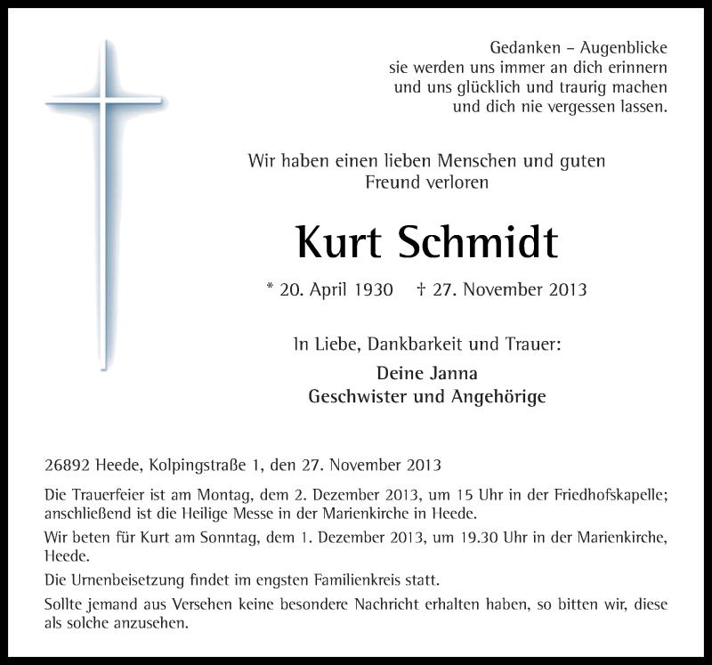  Traueranzeige für Kurt Schmidt vom 29.11.2013 aus Neue Osnabrücker Zeitung GmbH & Co. KG