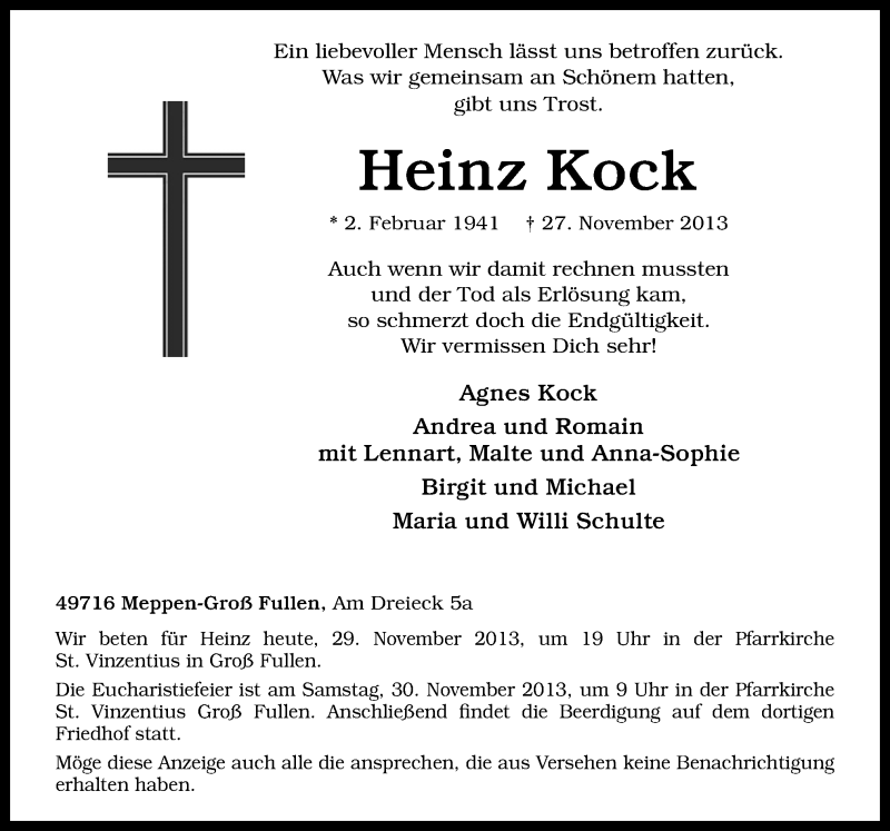  Traueranzeige für Heinz Kock vom 29.11.2013 aus Neue Osnabrücker Zeitung GmbH & Co. KG