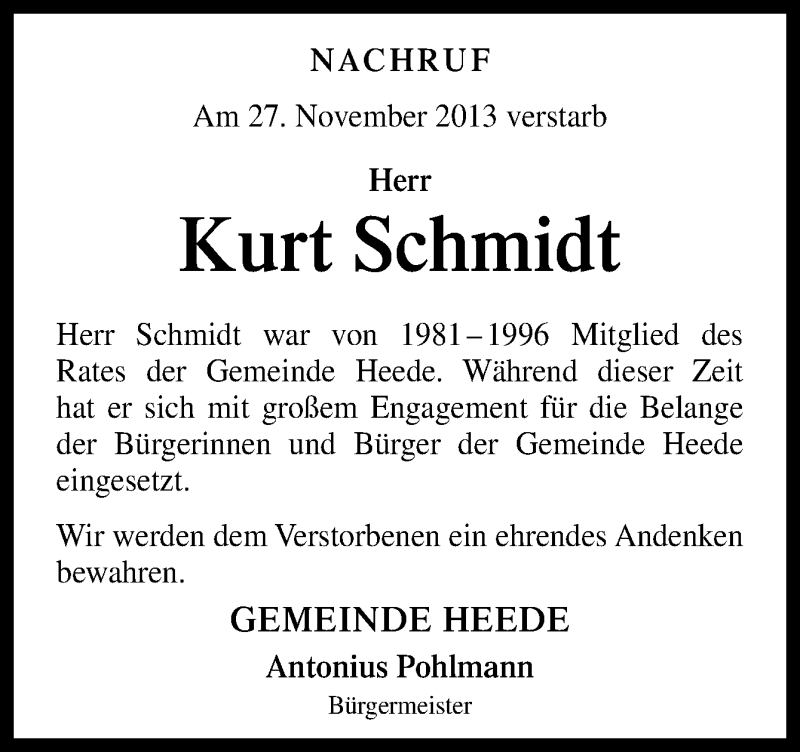  Traueranzeige für Kurt Schmidt vom 30.11.2013 aus Neue Osnabrücker Zeitung GmbH & Co. KG