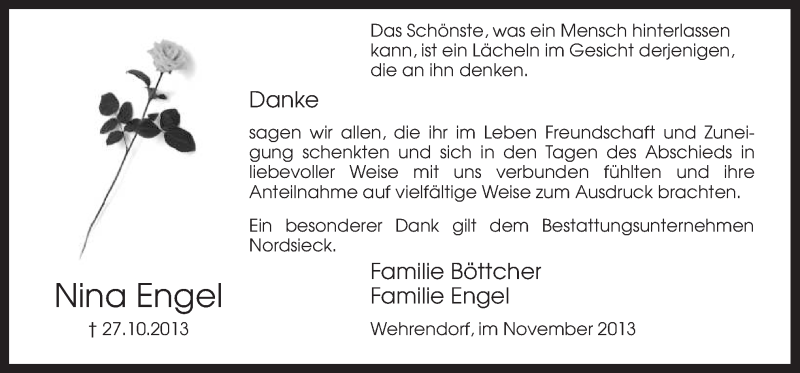  Traueranzeige für Nina Engel vom 07.12.2013 aus Neue Osnabrücker Zeitung GmbH & Co. KG