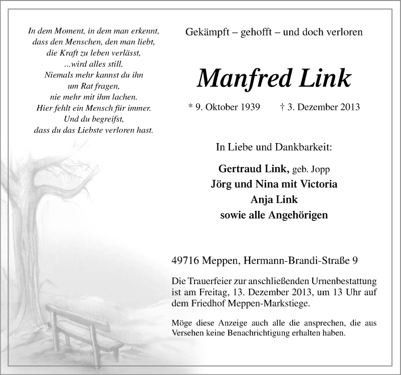  Traueranzeige für Manfred Link vom 07.12.2013 aus Neue Osnabrücker Zeitung GmbH & Co. KG