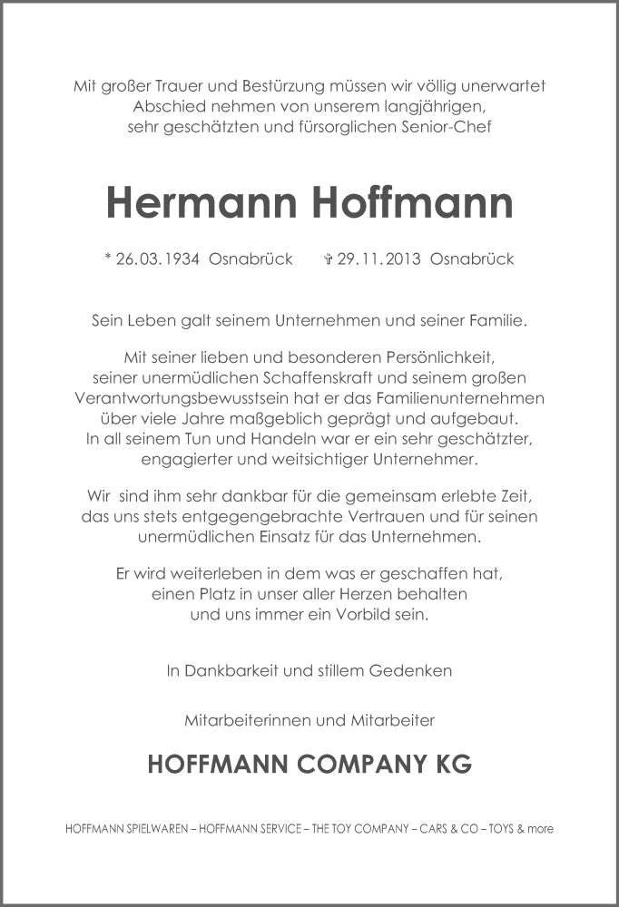  Traueranzeige für Hermann Hoffmann vom 07.12.2013 aus Neue Osnabrücker Zeitung GmbH & Co. KG
