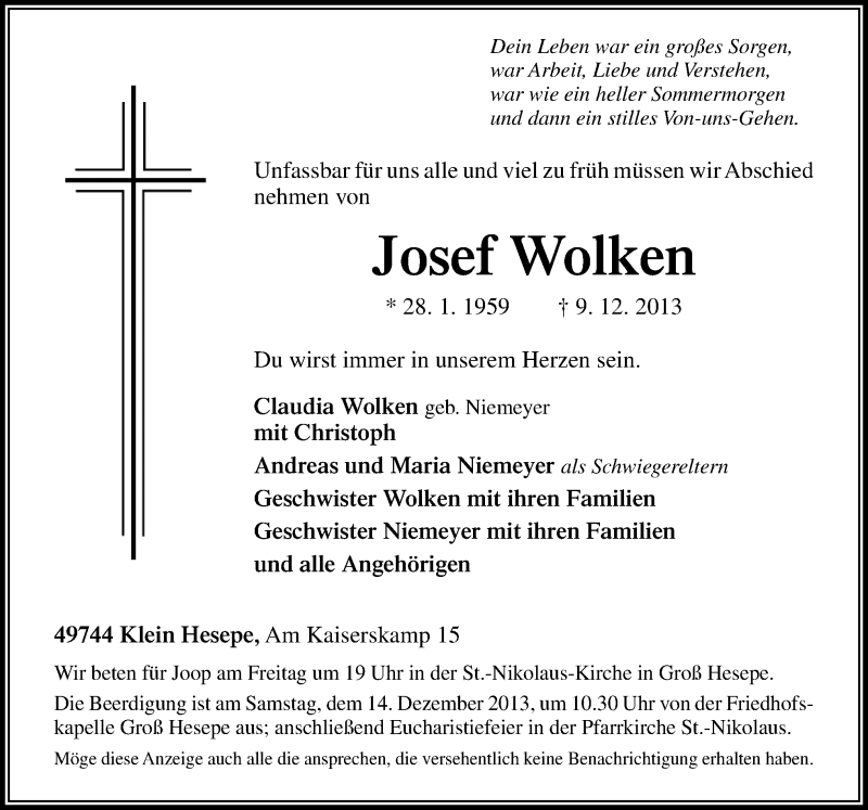  Traueranzeige für Josef Wolken vom 12.12.2013 aus Neue Osnabrücker Zeitung GmbH & Co. KG