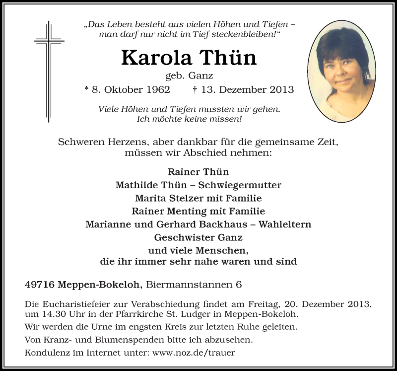  Traueranzeige für Karola Thün vom 17.12.2013 aus Neue Osnabrücker Zeitung GmbH & Co. KG