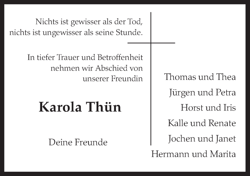  Traueranzeige für Karola Thün vom 20.12.2013 aus Neue Osnabrücker Zeitung GmbH & Co. KG