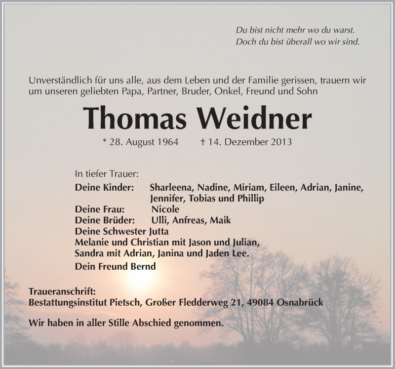  Traueranzeige für Thomas Weidner vom 19.12.2013 aus Neue Osnabrücker Zeitung GmbH & Co. KG
