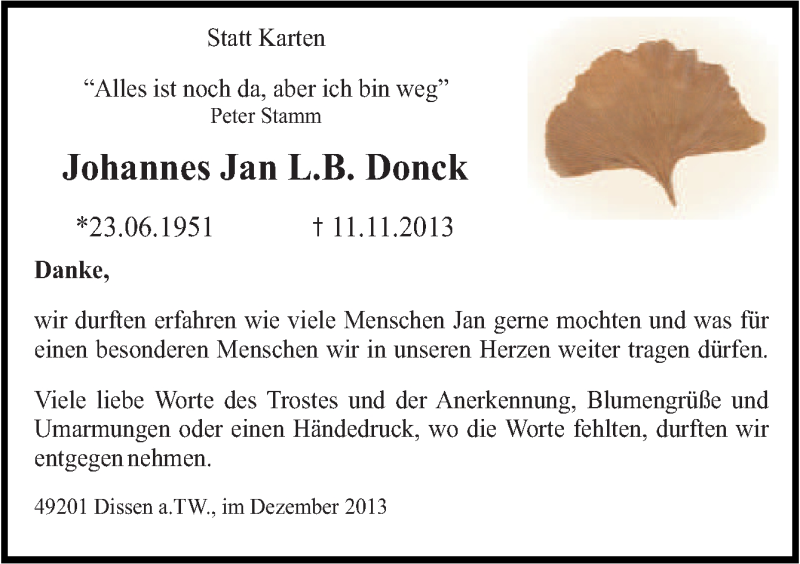  Traueranzeige für Johannes Jan  Donck vom 30.12.2013 aus Neue Osnabrücker Zeitung GmbH & Co. KG