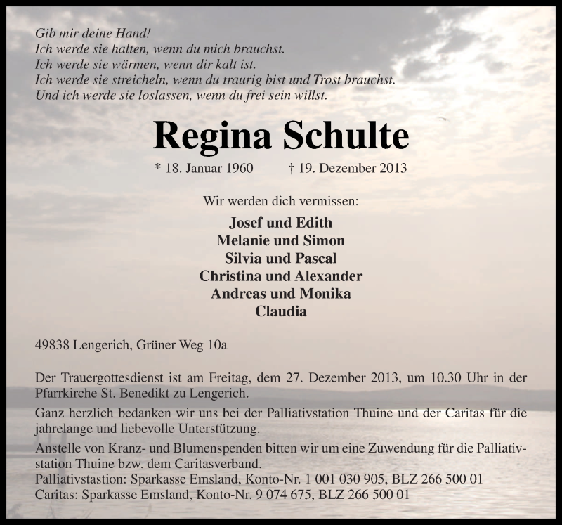  Traueranzeige für Regina Schulte vom 23.12.2013 aus Neue Osnabrücker Zeitung GmbH & Co. KG