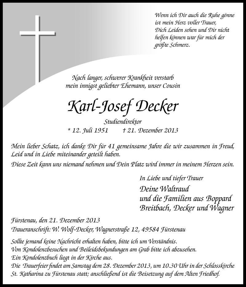  Traueranzeige für Karl-Josef Decker vom 24.12.2013 aus Neue Osnabrücker Zeitung GmbH & Co. KG