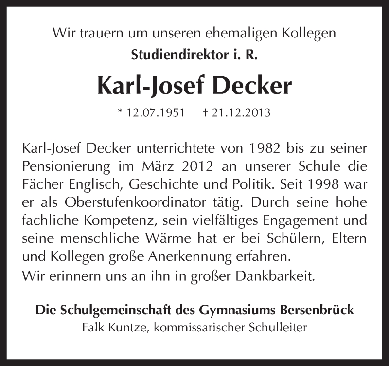  Traueranzeige für Karl-Josef Decker vom 28.12.2013 aus Neue Osnabrücker Zeitung GmbH & Co. KG